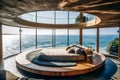 AI generative image of modern stylish bedroom with round bed and huge windows Royalty Free Stock Photo