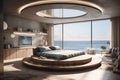 AI generative image of modern stylish bedroom with round bed and huge windows Royalty Free Stock Photo