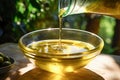 Ai generative. Olive oil is poured from a bottle into a bowl