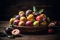 AI generative image of overflowing basket with fresh tropical fruit on dark