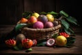 AI generative image of overflowing basket with fresh tropical fruit on dark