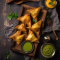 A plate of steaming hot samosas with chutney