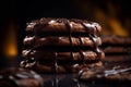 A stack of double chocolate cookies with a drizzle of caramel sauce