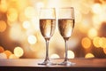 Ai generative. Two champagne glasses on the table on a defocused golden bokeh background Royalty Free Stock Photo