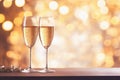 Ai generative. Two champagne glasses on the table on a defocused golden bokeh background Royalty Free Stock Photo