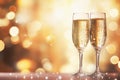 Ai generative. Two champagne glasses on the table on a defocused golden bokeh background Royalty Free Stock Photo