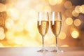 Ai generative. Two champagne glasses on the table on a defocused golden bokeh background Royalty Free Stock Photo