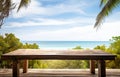 Ai generative. Wooden table looking out to tropical ocean Royalty Free Stock Photo