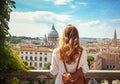 Ai generative. Young tourist girl, back view, girl standing on the hill looking on the cathedral