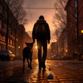 AI-generated: City Walk at Golden Hour: Man and Dog Royalty Free Stock Photo