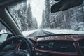 AI generative images. Car point of view to the country road in a winter forest under the snowfall