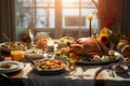 Prepared turkey on the dining table served for Thanksgiving Day party