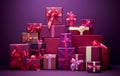 AI generative images. Purple Christmas giftboxes with ribbons and bows next to the magenta wall