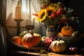 Still life image with pumpkins, flowers and candles on a table. Thanksgiving concept