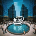 Intel logo on a glass building. Tech company headquarters. ai generative. Royalty Free Stock Photo