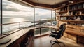 AI generative  Interior of a modern home office with a wooden floor, panoramic windows and a bookcase Royalty Free Stock Photo