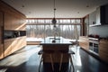Ai Generative Interior of modern kitchen with black and wooden walls, concrete floor and wooden countertops Royalty Free Stock Photo