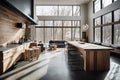 Ai Generative Interior of modern kitchen with black and wooden walls, concrete floor and wooden countertops Royalty Free Stock Photo