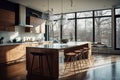 Ai Generative Interior of modern kitchen with black and wooden walls, concrete floor and wooden countertops Royalty Free Stock Photo