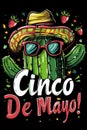 A joyous cactus character with a sombrero and sunglasses celebrating Cinco de Mayo.