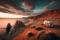 AI GENERATIVE, LANDSCAPE on the cliff is parked a camper van, and next to it a small red camping