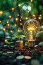 Light bulb with network connections, sprout on coins representing innovation and financial growth.