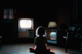 Ai Generative Little girl sitting on the floor in front of an old television