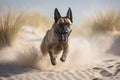 AI GENERATIVE, Malinois shepherd dog running and jumping over a dune, canine training