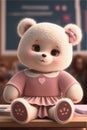 Cute white teddybear in a pink dress, ai generated illustration