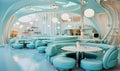 modern futuristic kitschy cafe in light blue