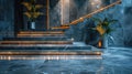 Modern marble staircase with illuminated steps and indoor plants. Royalty Free Stock Photo