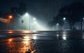 Ai generative. Neon light in a dark empty street with smoke, smog. Scene of empty street, night view Royalty Free Stock Photo