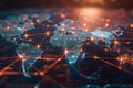 ai generative network of digital lines over a world map between continents connections