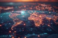 ai generative network of digital lines over a world map between continents connections