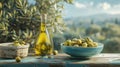 Olive oil bottle and bowl of olives on a table with a scenic background. Royalty Free Stock Photo