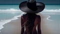 Paint unrecognizable Young woman in swimsuit beach hat looking into distance. rear view Royalty Free Stock Photo