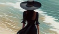 Paint unrecognizable Young woman in swimsuit beach hat looking into distance. rear view Royalty Free Stock Photo