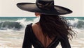 Paint unrecognizable Young woman in swimsuit beach hat looking into distance. rear view Royalty Free Stock Photo