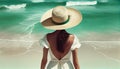 Paint unrecognizable Young woman in swimsuit beach hat looking into distance. rear view Royalty Free Stock Photo