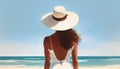 Paint unrecognizable Young woman in swimsuit beach hat looking into distance. rear view Royalty Free Stock Photo