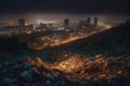 AI generative panoramic image of big city suburbs covered with piles of garbage