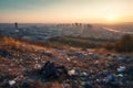 AI generative panoramic image of big city suburbs covered with piles of garbage