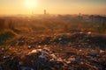 AI generative panoramic image of big city suburbs covered with piles of garbage