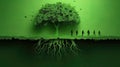 Paper-cut art of tree and human silhouettes on green textured background.