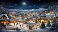 AI Generative. People gathering in a Snowy Village in village on christmas eve