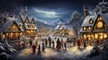 AI Generative. People gathering in a Snowy Village in village on christmas eve