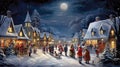 AI Generative. People gathering in a Snowy Village in village on christmas eve