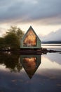 AI Generative Photo of Cabin House Located next to the pier. The scenery is mesmerizing. Serene summer scene with clear blue sky.