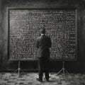 AI Generative photo of man at an enormous chalkboard writing lots of math