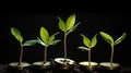 Small trees growing from coin stacks on the black background